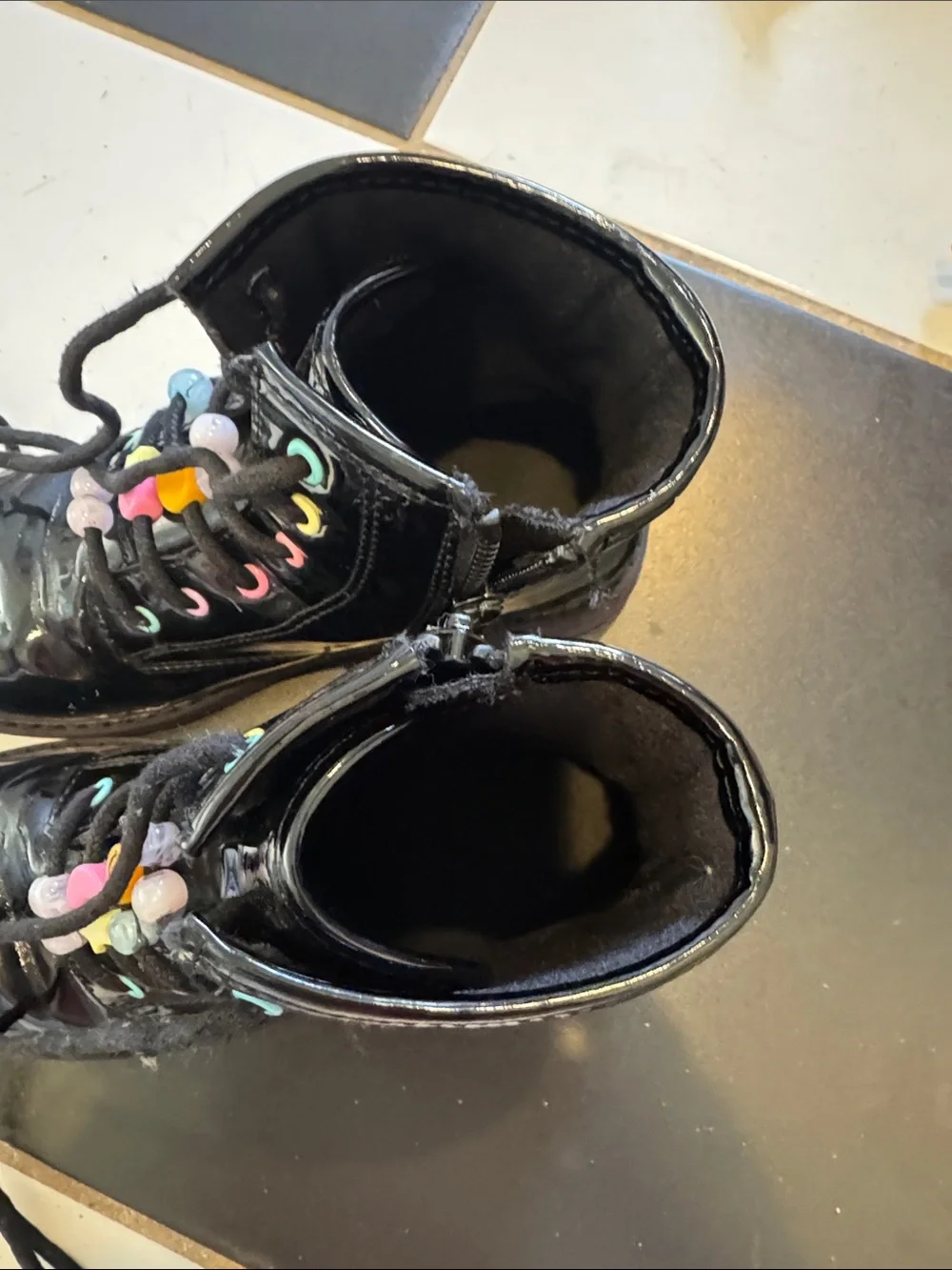Black Patent Lace-Up Boots with Rainbow Eyelets childrens sz 1